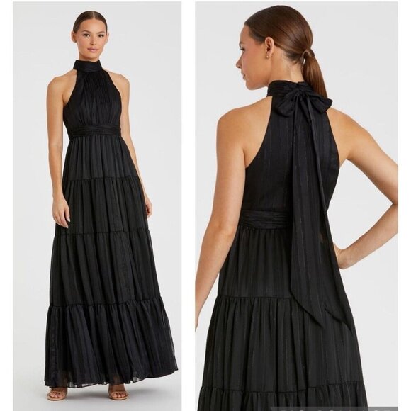 MAC DUGGAL Size 6 Black 49515 Tie Neck Tiered Halter Gown Formal Dress $398 New - Picture 1 of 13